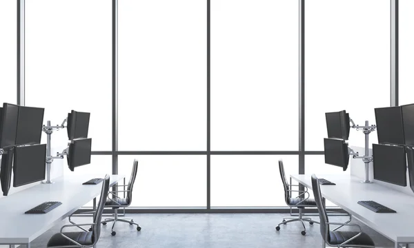 A modern trader's workplaces in a bright modern open space office. White tables equipped with modern trader's stations and black chairs. White copy space in the panoramic windows. 3D rendering. — Stock fotografie