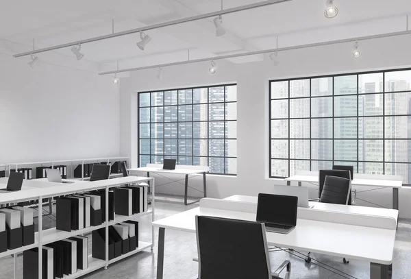 Workplaces in a bright modern loft open space office. Tables equipped with laptops; corporate documents' shelves. Singapore view in the panoramic windows. 3D rendering. — Stock fotografie