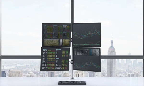 A modern trader's workplace or station which consists of four screens with financial data in a bright modern open space panoramic office. New York in the panoramic windows. Forex. 3D rendering. — 图库照片