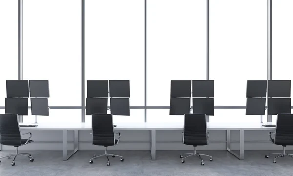 A modern trader's workplaces in a bright modern open space office. White tables equipped with modern trader's stations and black chairs. White copy space in the panoramic windows. 3D rendering. — Stock Photo, Image