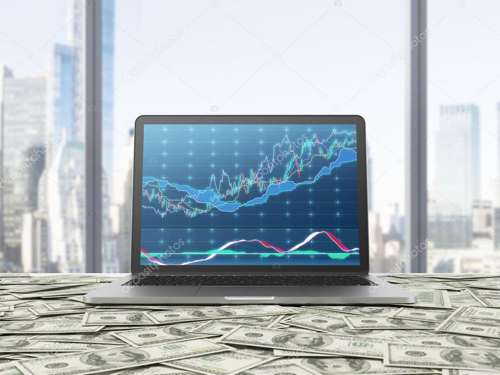 A modern laptop with forex chart on the screen. The laptop is on the table which is covered by dollar notes. New York panoramic view from the office. 3D rendering.