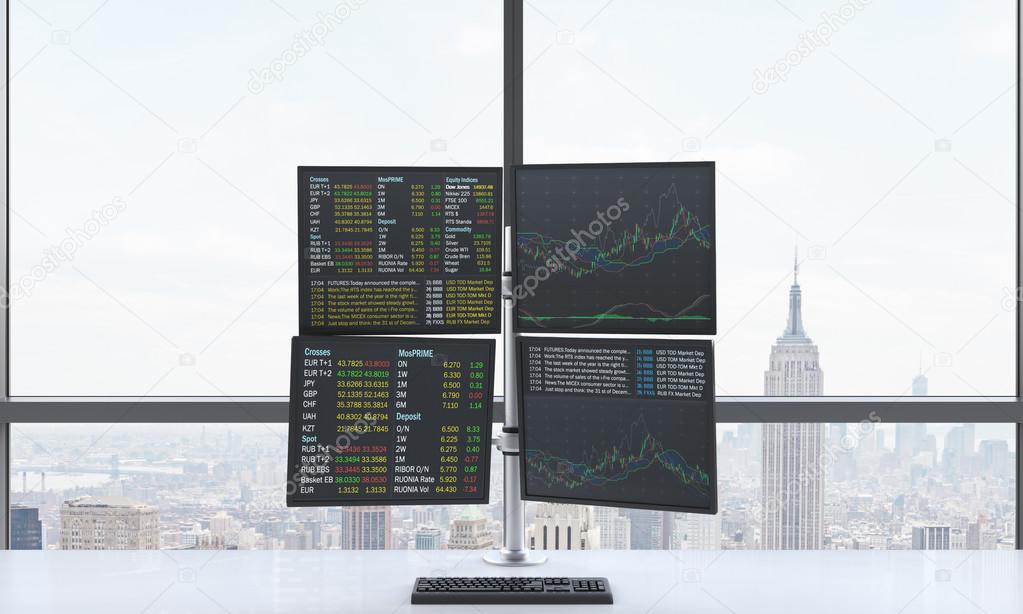 A modern trader's workplace or station which consists of four screens with financial data in a bright modern open space panoramic office. New York in the panoramic windows. Forex. 3D rendering.