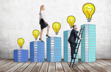 A woman is going up to the stairs which are made of tower buildings. A man discover a shortcut how to reach the highest point very fast. Yellow lightbulbs are drawn on the concrete wall.