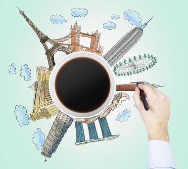 Top view of a coffee cup and the hand draws colourful sketches of the most famous cities in the world. The concept of travelling. London, Singapore, Pisa, Paris. Light green background.