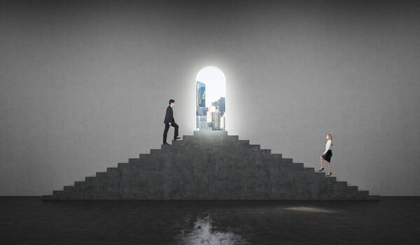 A man and a woman in formal clothes are going up to the stairs. The concept of corporate competition. A view on the business city in the open door.