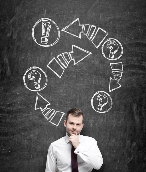 A thoughtful businessman is holding his chin. Drawn arrows with exclamation and question marks on the black chalkboard behind the person. — Stock Fotó