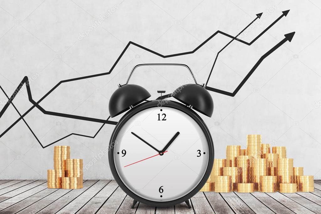 An Alarm clock is on the foreground and golden coins are on the background. Financial line graphs are drawn on the concrete wall. Wooden floor. The concept of time is money. 3D rendering.
