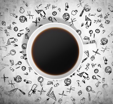 Top view of a cup of coffee and a lot of educational black icons are drawn around it. Concrete background. 3D rendering.