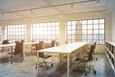 Workplaces in a bright sunset loft open space office. Empty tables and docents' book shelves. New York panoramic view. A concept of a high quality consulting services. Toned image. 3D rendering.