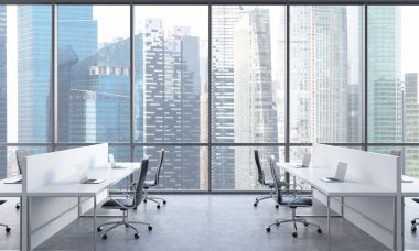 Workplaces in a bright modern open space office. White tables equipped with modern laptops and black chairs. Singapore in the panoramic windows. 3D rendering.