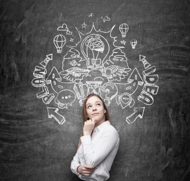 A beautiful business lady is dreaming about an invention of new business ideas for business development. Business plan and idea sketch is drawn on the black chalkboard.