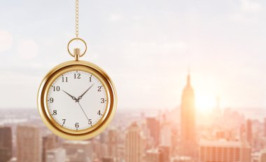 A model of pocket watch which is hanging on the chain. A concept of a value of time in business. A sunset panoramic New York view. 3D rendering. Toned image. clipart