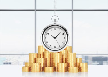 A composition of golden coins and hanging on the chain pocket watch. New York panoramic office on background. A concept of time is money or a value of time in business. 3D rendering. clipart