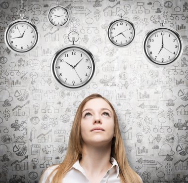 A portrait of a beautiful lady who is looking at the hovering pocket watches. A concept of a value of time in business. Business icons are drawn over the concrete background. clipart