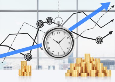 A composition of golden coins and hanging on the chain pocket watch. New York panoramic office and financial line charts are on background. A concept of time is money or a value of time in business. 3