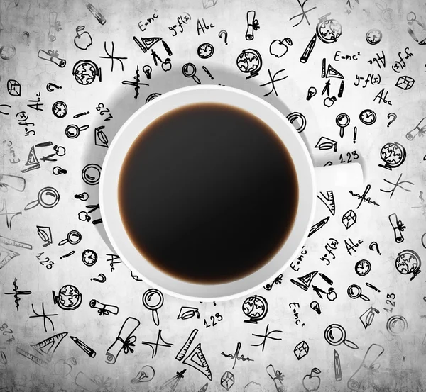 Top view of a cup of coffee and a lot of educational black icons are drawn around it. Concrete background. 3D rendering. — Φωτογραφία Αρχείου