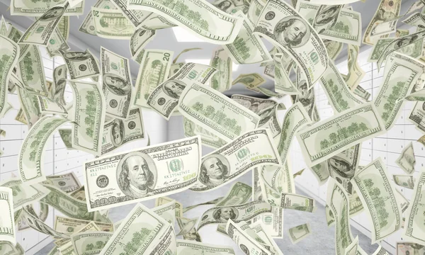 Dollar notes are falling down from ceiling. A bright space with safe deposit boxes are on the background. 3D rendering. — Stockfoto