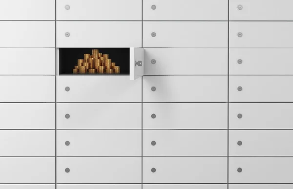 Weiße Schließfächer in einer Bank. in einer Schachtel befinden sich Goldmünzen. ein Konzept zur Aufbewahrung wichtiger Dokumente oder Wertgegenstände in einer sicheren Umgebung. 3D-Darstellung. — Stockfoto
