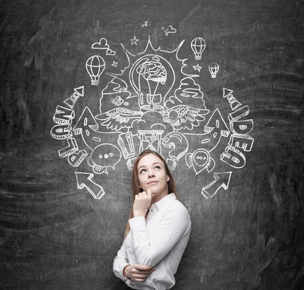 A beautiful business lady is dreaming about an invention of new business ideas for business development. Business plan and idea sketch is drawn on the black chalkboard. — Stok fotoğraf