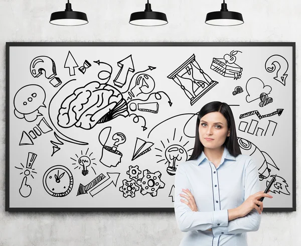 A beautiful brunette professional is thinking about business development. A business development or brainstorm sketch is drawn on the whiteboard behind the person. — Stock Photo, Image