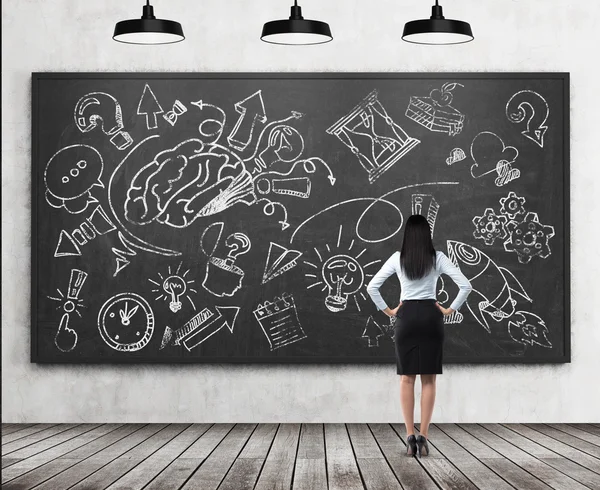 A rear view of a full length brunette lady who is looking at the black chalkboard with the sketched brainstorm process for business development. Three ceiling black lights are in the room. — Stock Photo, Image