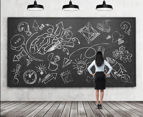 A rear view of a full length brunette lady who is looking at the black chalkboard with the sketched brainstorm process for business development. Three ceiling black lights are in the room. — Zdjęcie stockowe