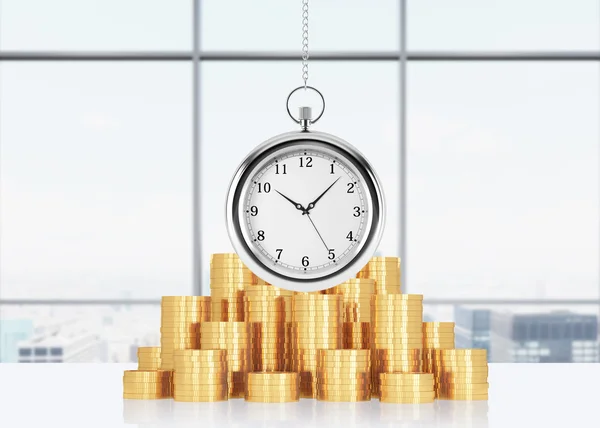 A composition of golden coins and hanging on the chain pocket watch. New York panoramic office on background. A concept of time is money or a value of time in business. 3D rendering. — Stockfoto