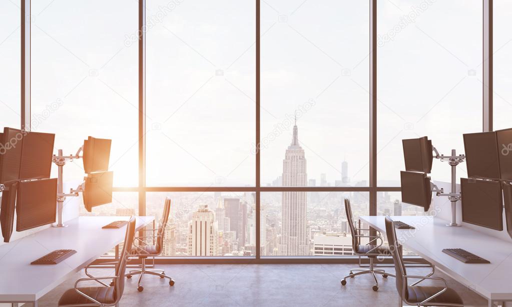 A modern trader's workplaces in a modern panoramic office in New York city. A concept of financial market culture. A sunset. 3D rendering. Toned image.