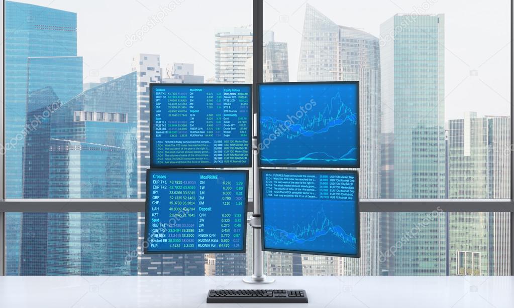 A modern trader's workplace or station which consists of four screens with financial data in a bright modern open space panoramic office. Singapore panoramic view. Forex. 3D rendering.
