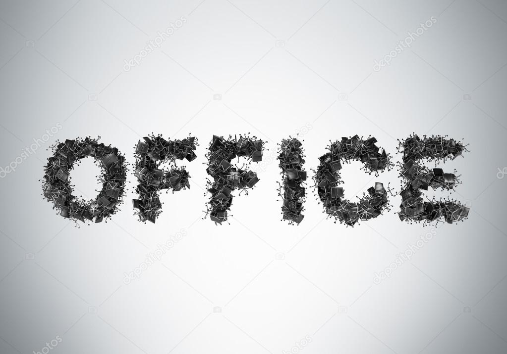 The word OFFICE is composed from black leather office chairs. A light grey background.