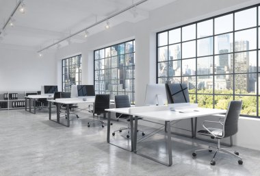 Workplaces in a bright modern loft open space office. Tables are equipped with modern computers; book shelves. New York panoramic view. A concept of a high quality consulting services. 3D rendering. clipart