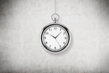 A model of pocket watch which is hanging on the chain. A concept of a value of time in business. Concrete background. 3D rendering.