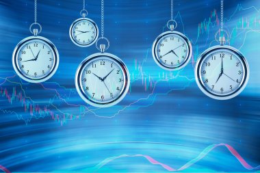 Four models of pocket watches are hovering in the air over financial graphs background. A concept of a value of time in financial markets. Forex chart. 3D rendering.