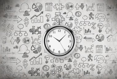 A model of pocket watch which is hanging on the chain. A concept of a value of time in business. Business icons are drawn on the concrete background. 3D rendering.