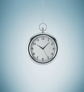 A model of pocket watch which is hanging on the chain. A concept of a value of time in business. Light blue background. 3D rendering.