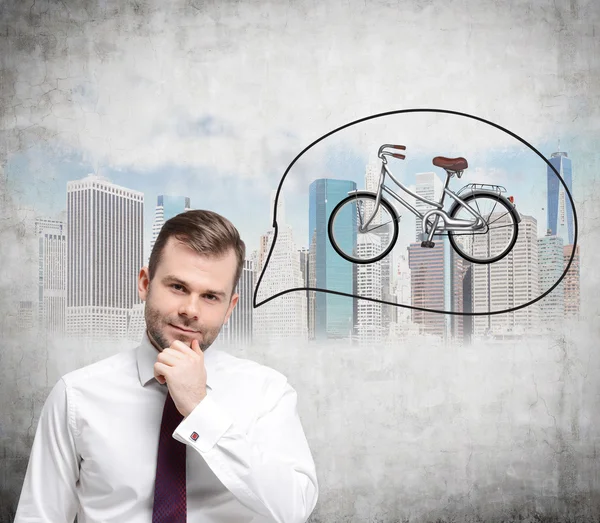 A man in formal shirt is dreaming about buying of a new car. New York sketch is drawn on the concrete background. — Zdjęcie stockowe