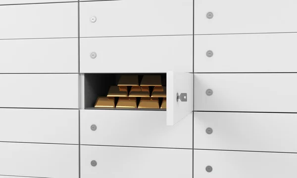 White safe deposit boxes in a bank. There are gold bullions inside of a one box. A concept of storing of important documents or valuables in a safe and secure environment. 3D rendering. — Zdjęcie stockowe