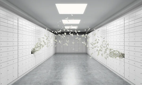 A bright space with safe deposit boxes. Dollar notes are flying out from two boxes. 3D rendering. — 스톡 사진