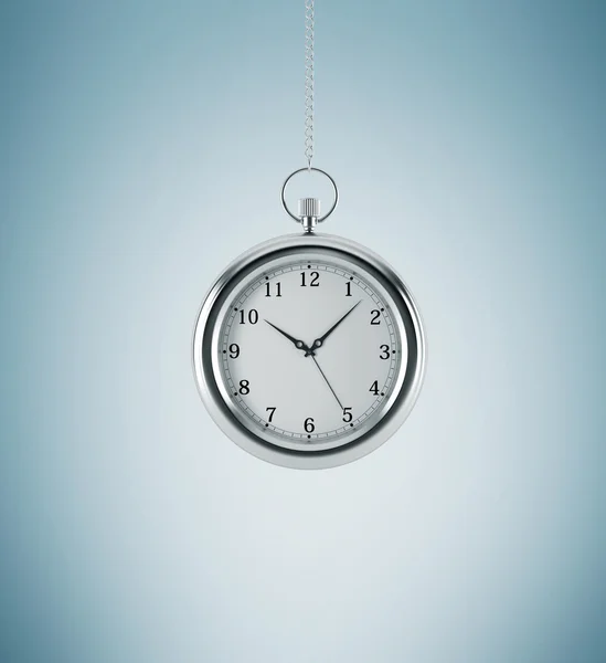 A model of pocket watch which is hanging on the chain. A concept of a value of time in business. Light blue background. 3D rendering. — Stock Fotó