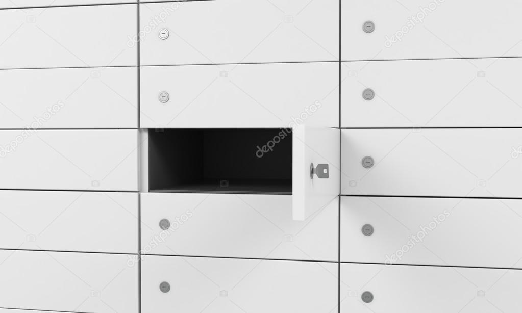 White safe deposit boxes in a bank, one box is open. A concept of storing of important documents
