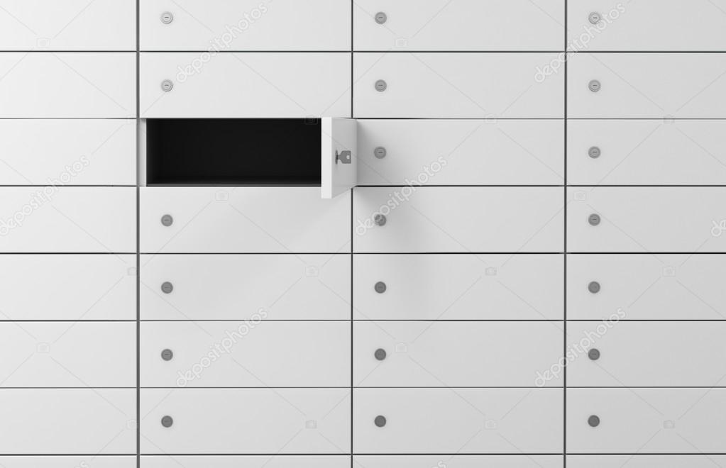 White safe deposit boxes in a bank, one box is open. A concept of storing of important documents or valuables in a safe and secure environment. 3D rendering.