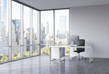 A workplace in a modern corner panoramic office with New York view. A white desk with a modern computer, black leather chair. A concept of consulting services. 3D rendering.