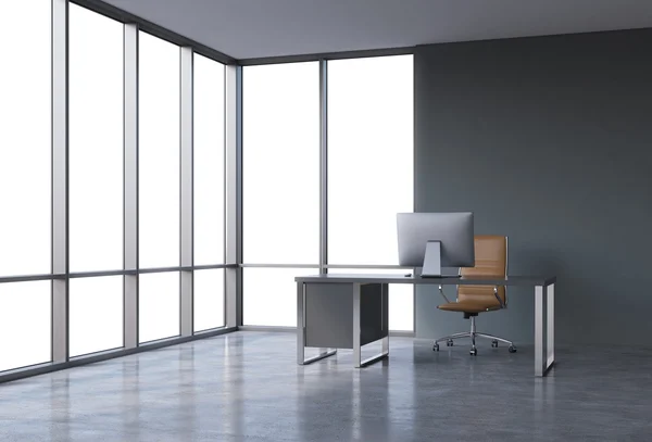 A workplace in a modern corner panoramic office with copy space in the windows. A black desk with a modern computer and brown leather chair. A concept of consulting services. 3D rendering. — Stockfoto