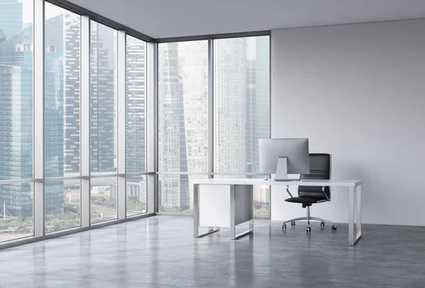 Ein Arbeitsplatz in einem modernen Eckpanoramabüro mit einzigartigem Blick. ein weißer Schreibtisch mit modernem Computer, schwarzer Lederstuhl. ein Konzept von Beratungsleistungen. 3D-Darstellung. — Stockfoto