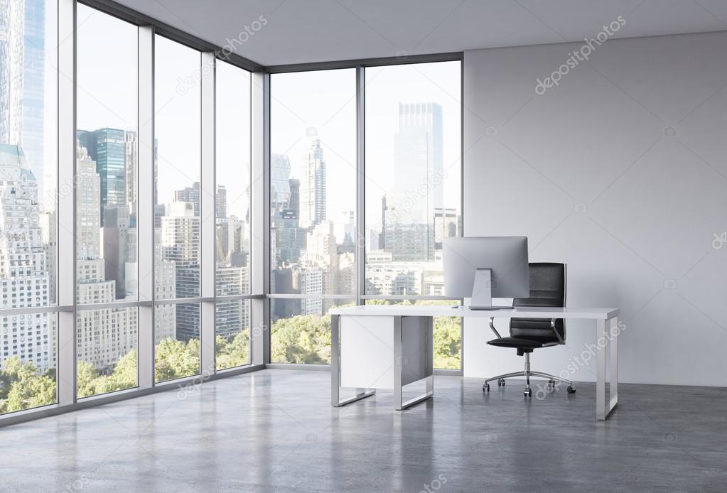 A workplace in a modern corner panoramic office with New York view. A white desk with a modern computer, black leather chair. A concept of consulting services. 3D rendering.