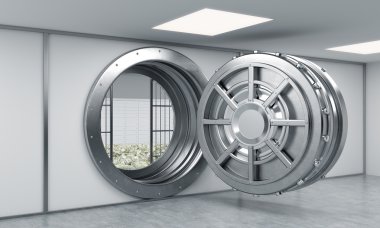 3D rendering of a big open round metal safe in a bank depository