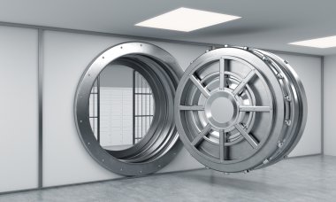 3D rendering of a big open round metal safe with locked lock-box