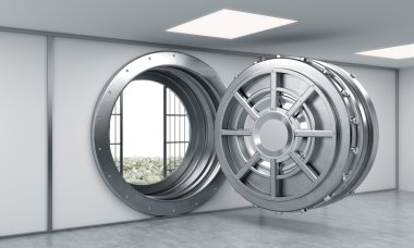 3D rendering of a big open round metal safe in a bank depository