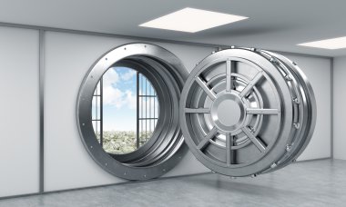 3D rendering of a big open round steel safe in a bank depository