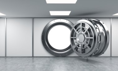 3D rendering of a big open round metal safe in a bank depository